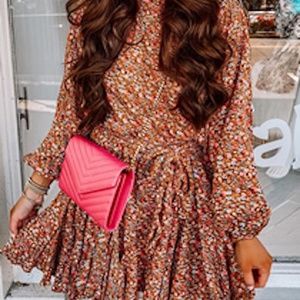 Floral Summer Pleated Hem Floral Dress - Size Medium - Brown / Orange Floral